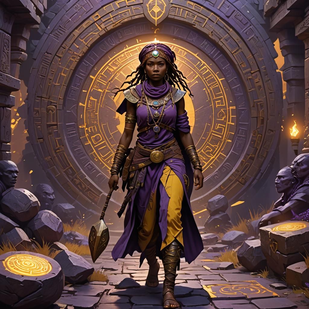 African Female werepather walking through Ancient Runes a ma...