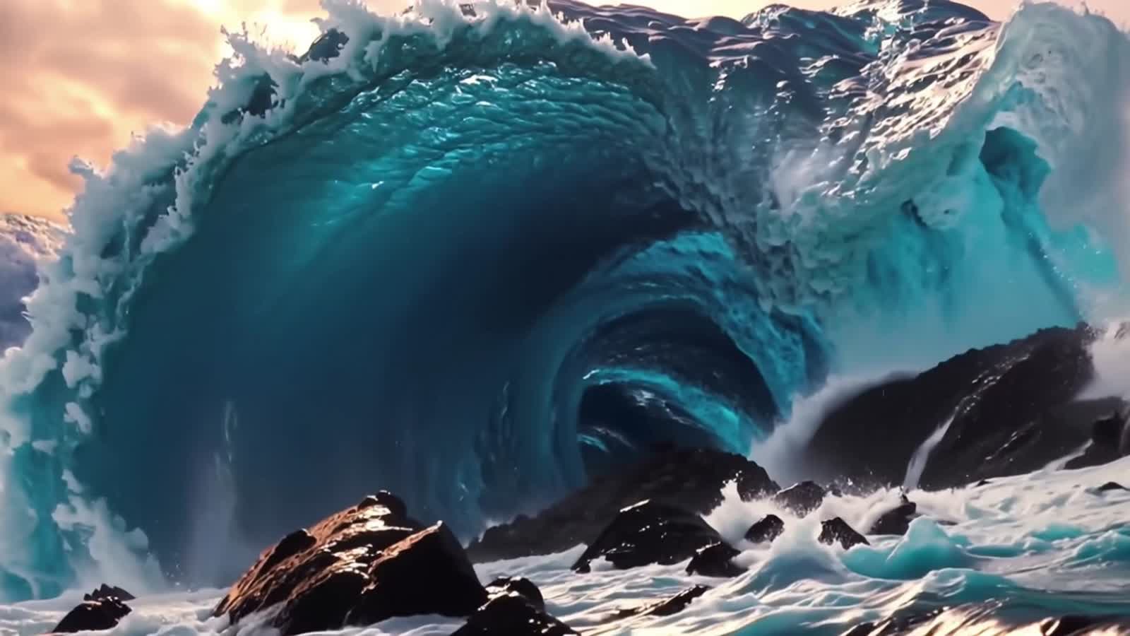 A towering sapphire wave, its deep blue surface flecked with white foam, crashes against jagged black rocks, sending a s...