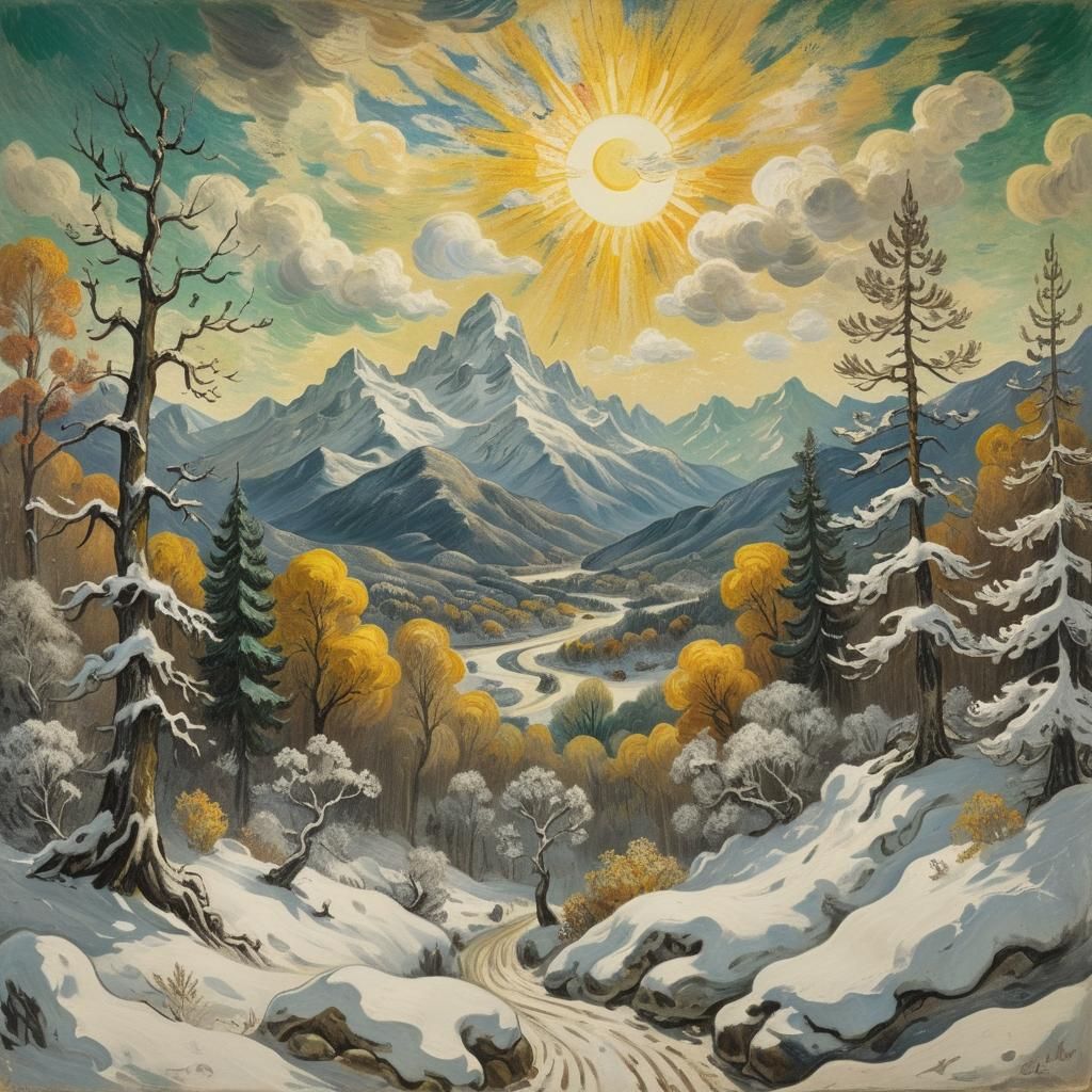 [evolving] Mountains, snow, forests, and bright sun