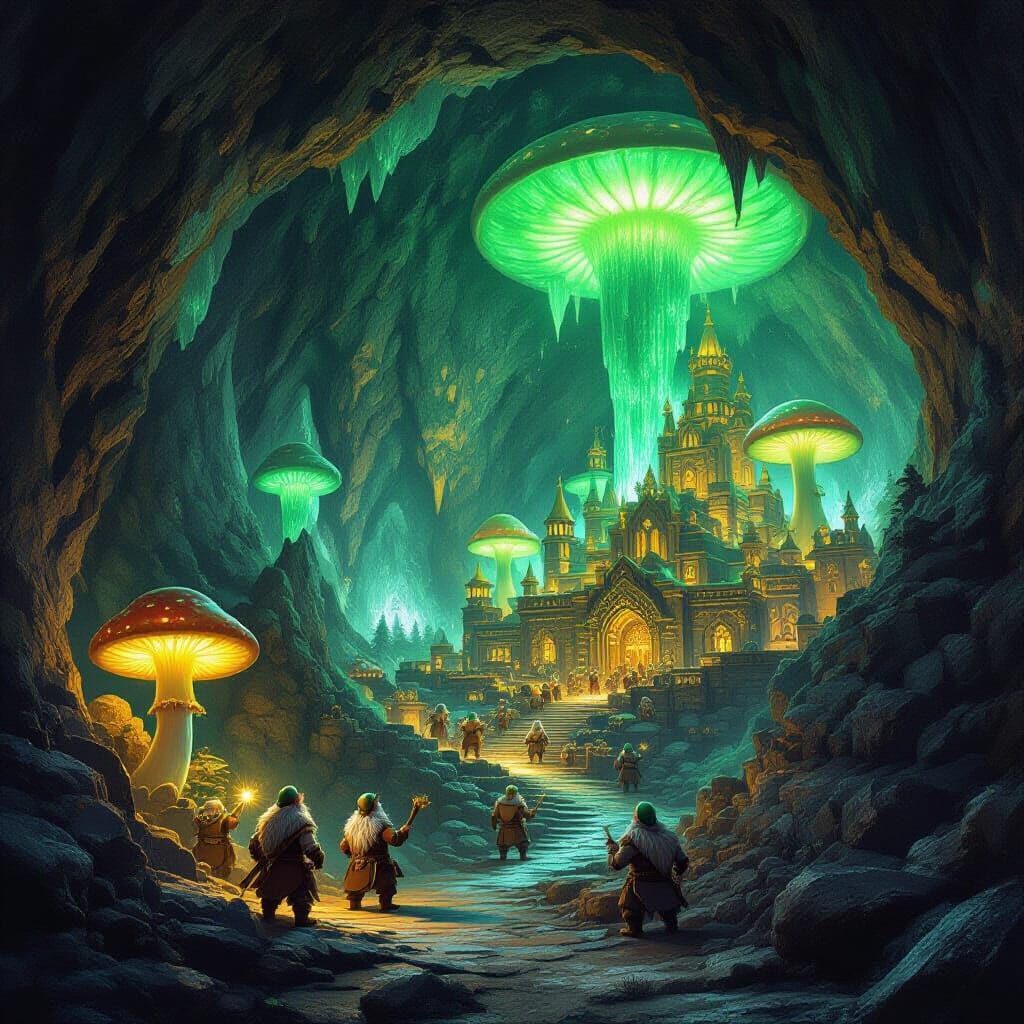 A shining gem of a dwarf city deep within a giant mountain bustling with activity as dwarfs go about their work in this cave city with emera...