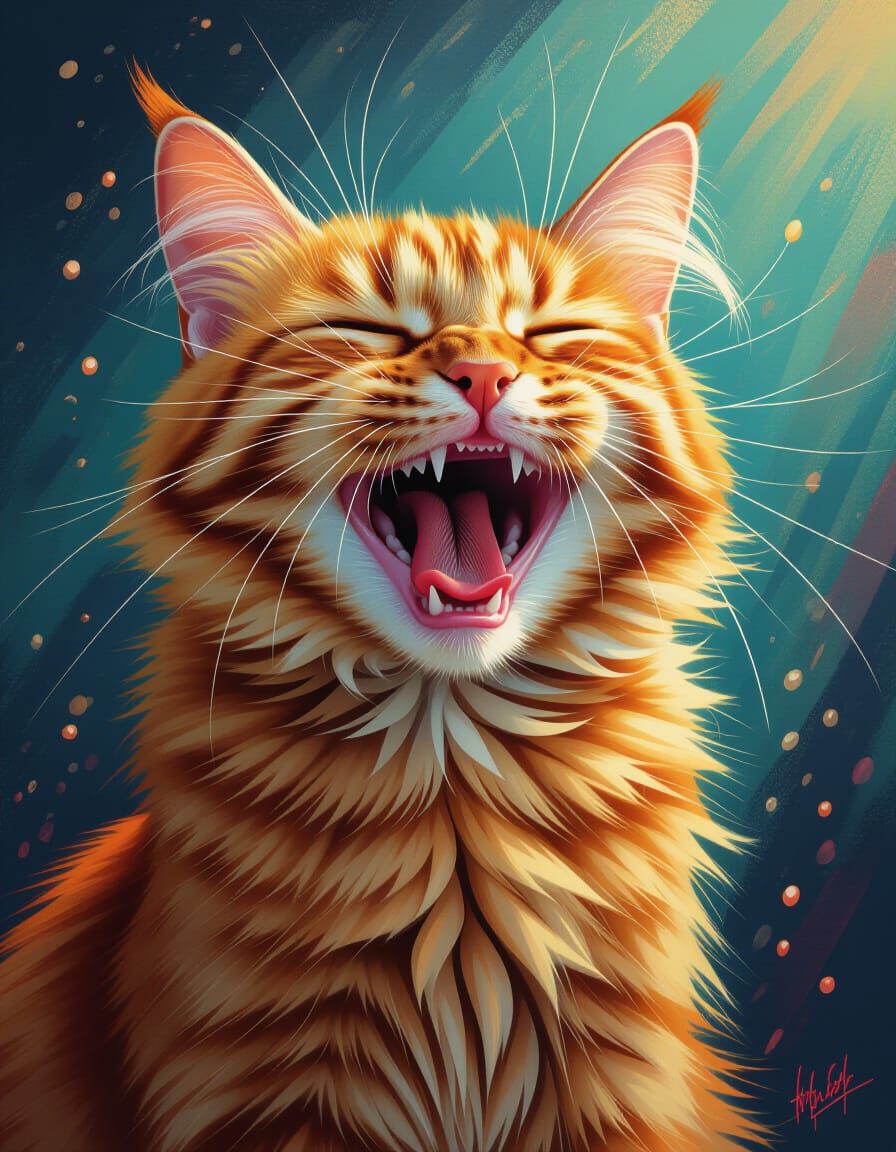 A comical laughing cat Hyperrealistic, splash art, concept art, mid shot, intricately detailed, color depth, dramatic, 2/3 face angle, side ...