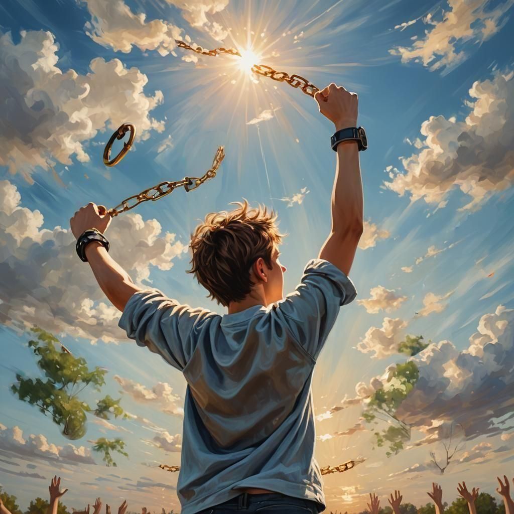 A powerful, dynamic portrait of a single charming boy turned backside, arms open and raised towards sky embracing freedom, both the hands are handcuff hands, broken handcuff with long hanging loose. The picture should look like hand made painting. 