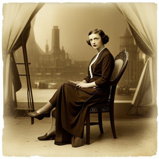 vintage photo from 1930 year of a stunning woman sitting on a chair in a photographer's workshop, sepia ...  by @Aiona