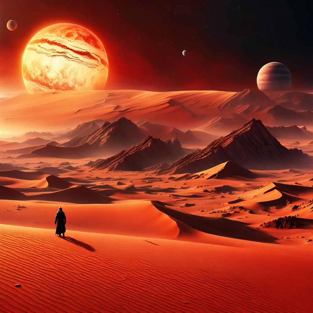 dune, Arrakis, you can see planets and a red sun, landscape shot  by @Erow