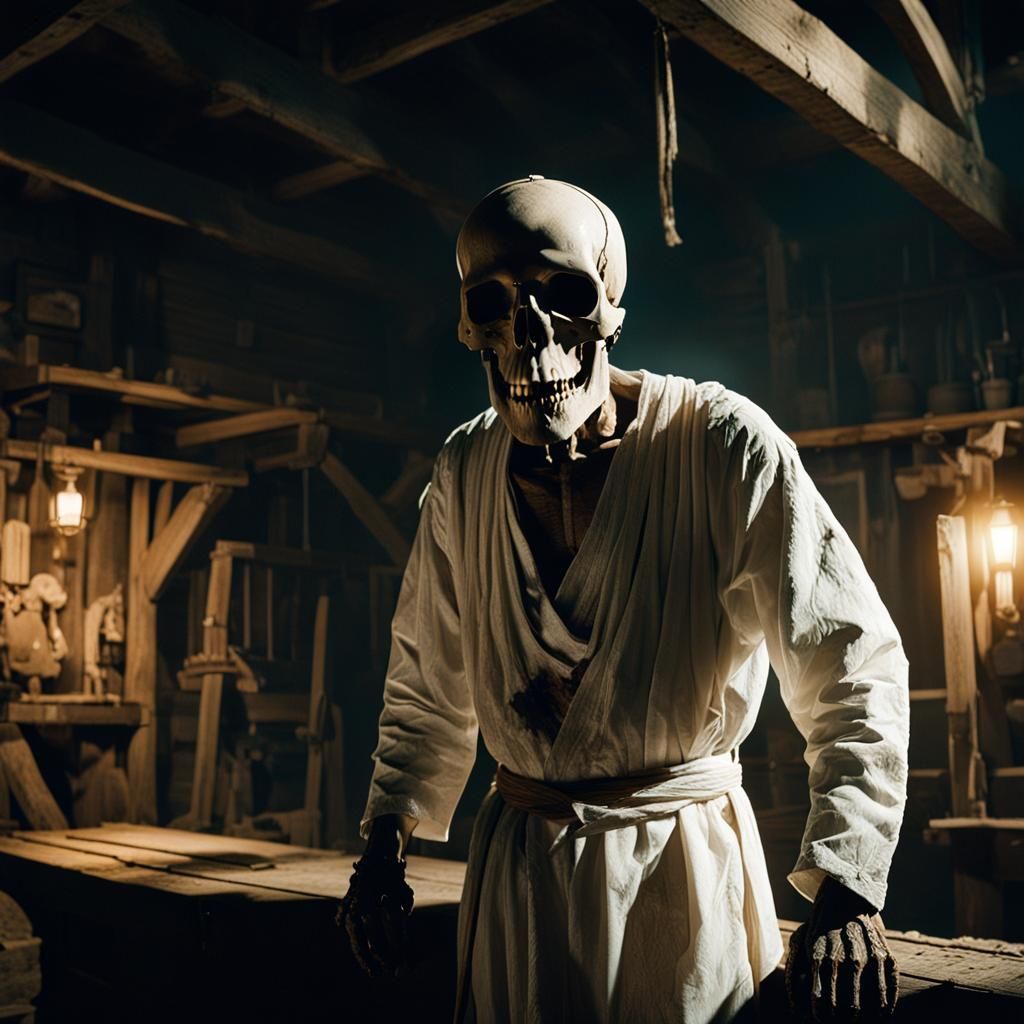 An very, old and creepy miller with Skull head and White clothes in a wooden Mill.