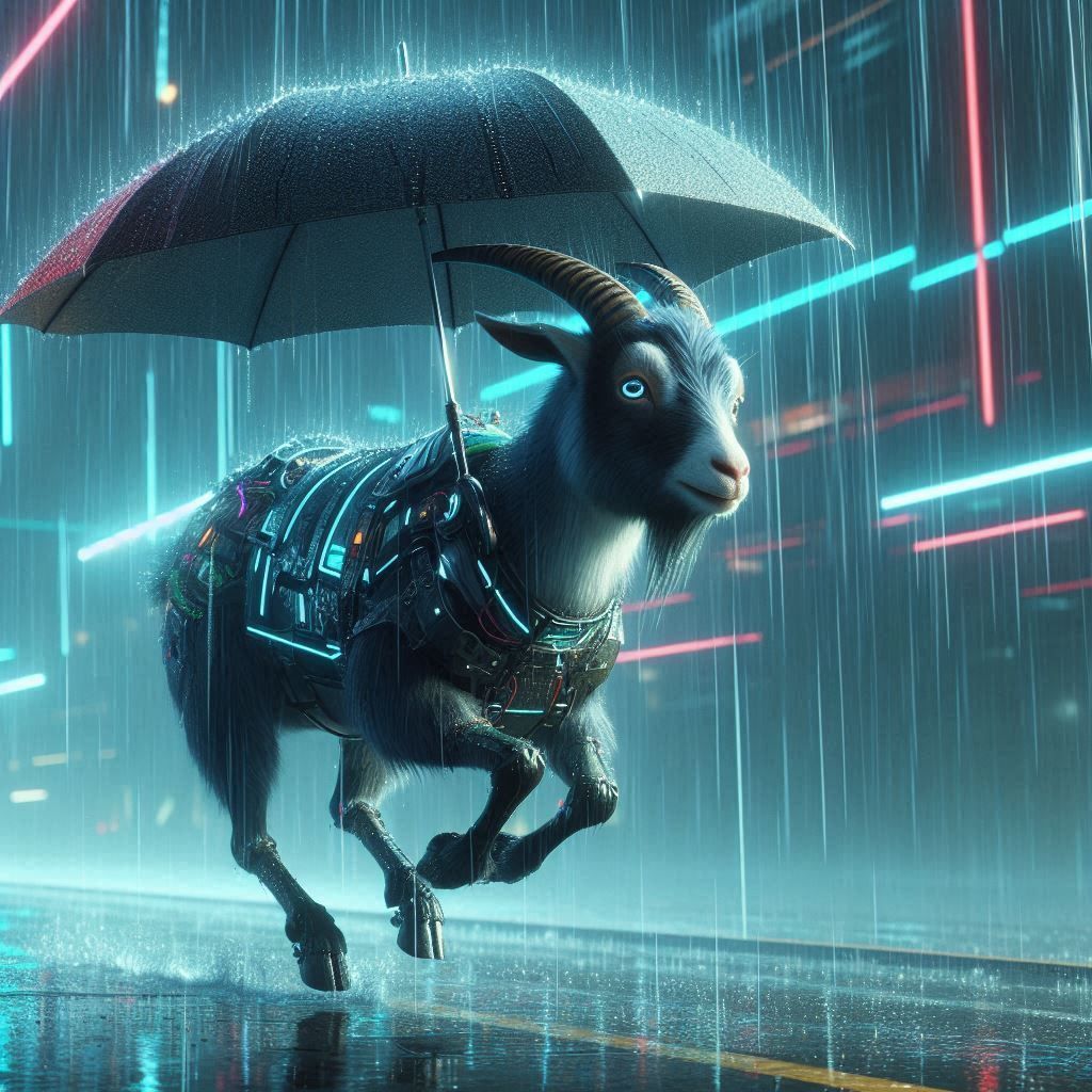 cyberpunk goat with an umbrella