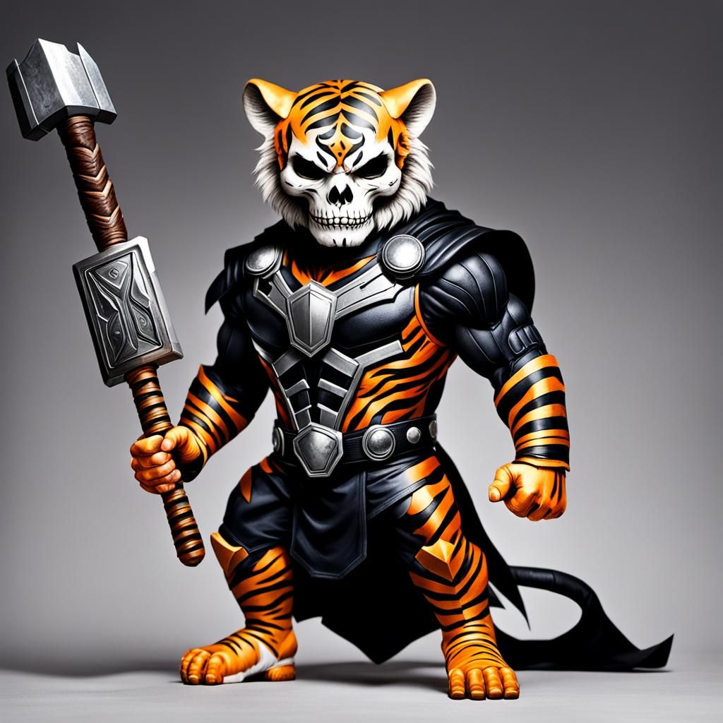 Skull dressed as a tiger with a black costume holding thor's...