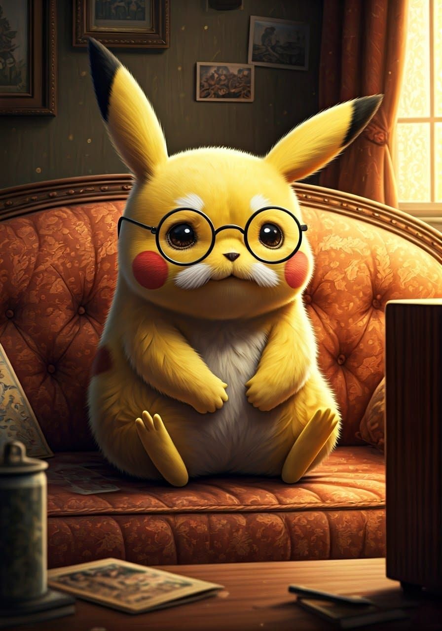 Very old grandpa Pikachu, with a wispy white moustache and thick, black-rimmed glasses perched on the end of its nose, sits comfortably on a...