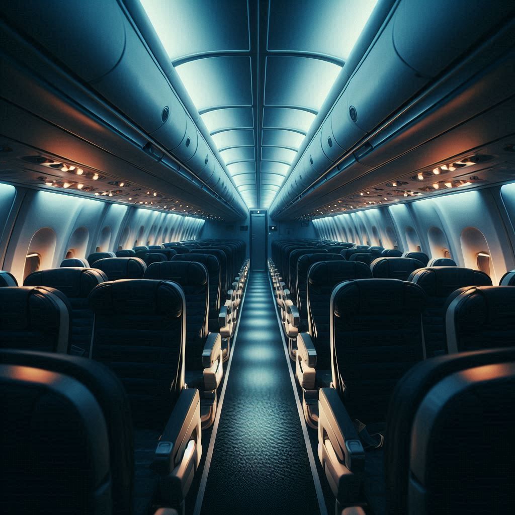 A dimly lit aircraft interior