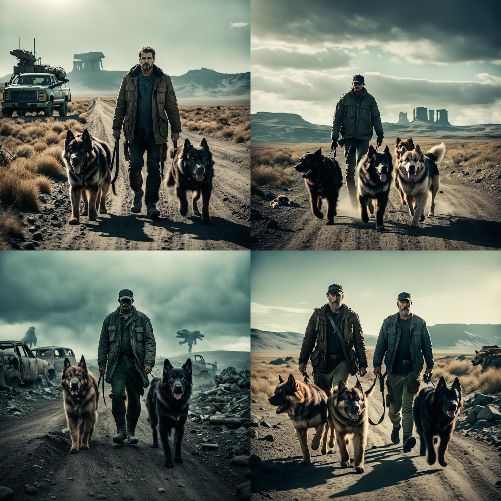 in the Wasteland a man walks with his 2 massive dogs