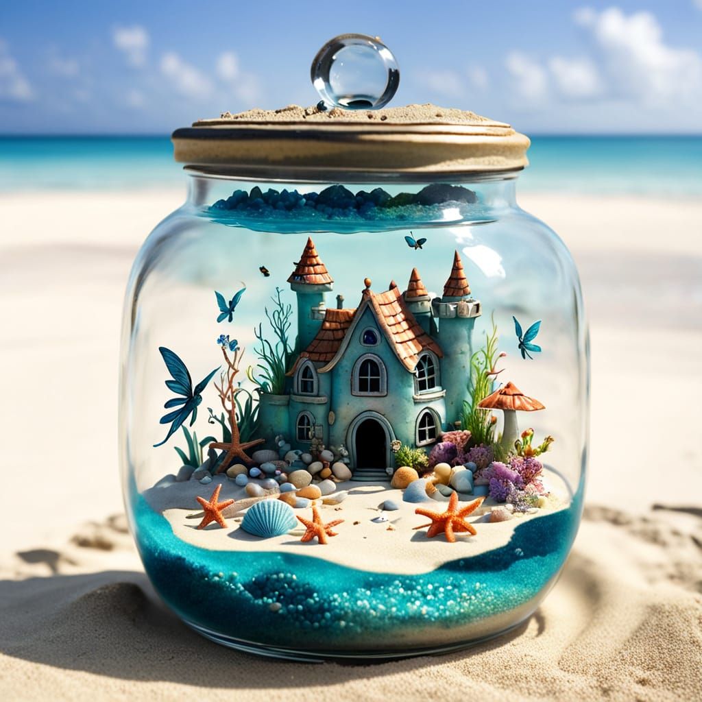 A tiny whimsical kingdom of fairies in a glass jar. 