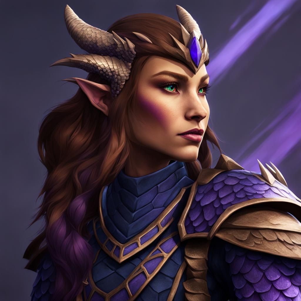 A Dragonborn female with midnight blue scales and light brow...