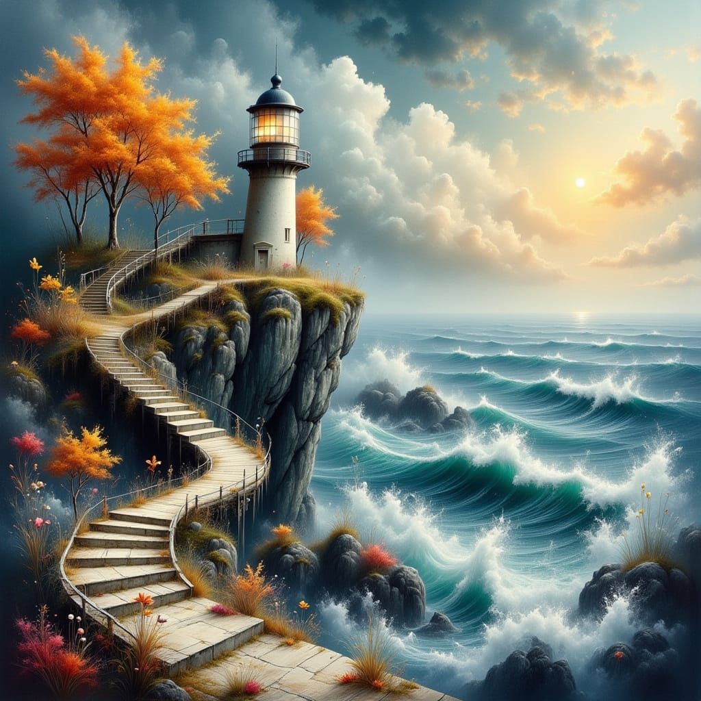 Autumn Lighthouse on Cliff Overlooking Crashing Waves
