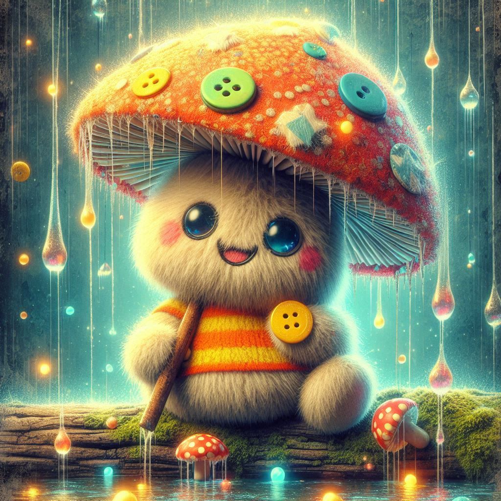 Fluffy mushroom spirit plush toy with bright orange and yellow striped shirt, mismatched buttons for eyes and a cheerful grin, leaning on a ...