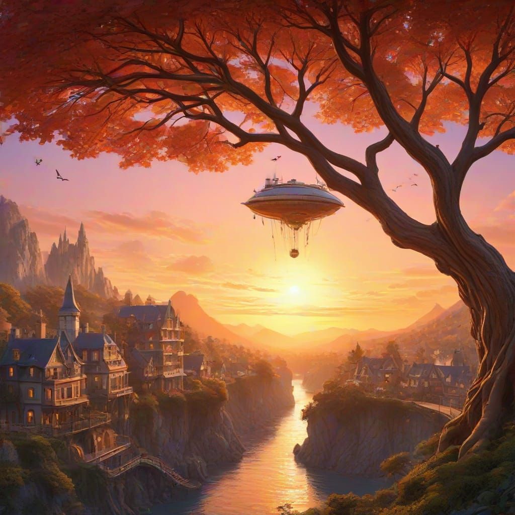 An intricate, majestic fantasy tree city at sunset, reminiscent of Art Nouveau illustration. The enormous tree trunk and branches are interw...