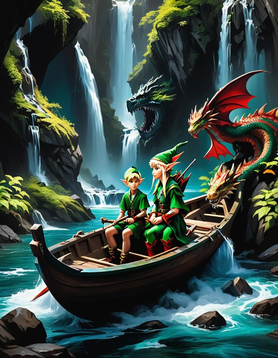 a elf seated in a boat with a dragon bow beside the waterfall - AI ...