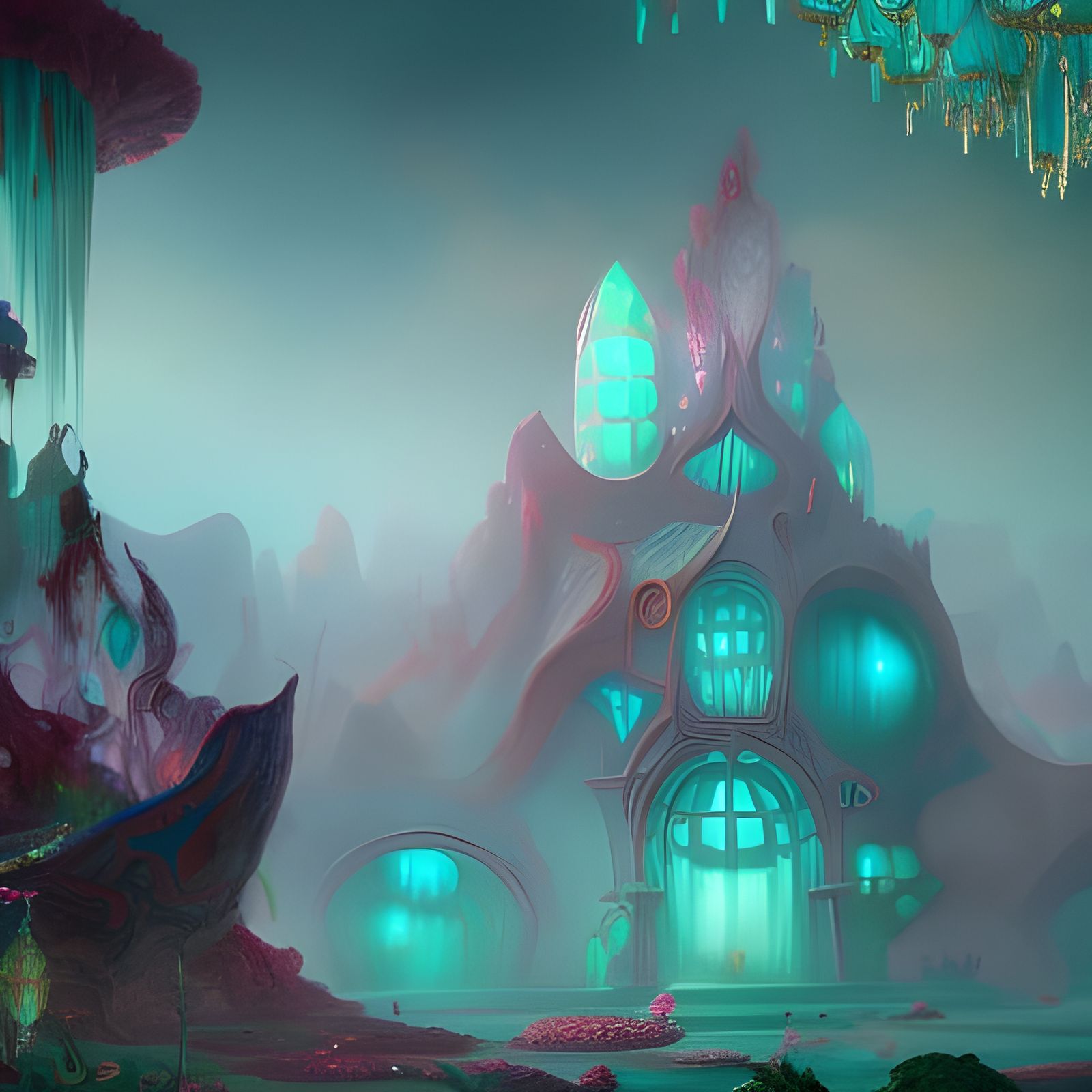 Amythyst and aqua crystal House, detailed illustrationdeep color ...