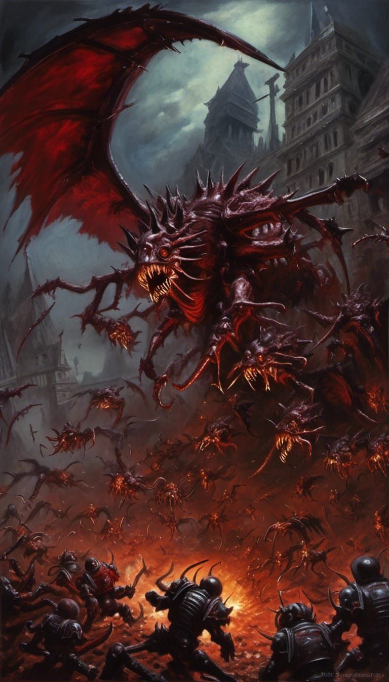 <lora:Psychedelic Horror:1.0> Warhammer 40k tyranid swarm de...