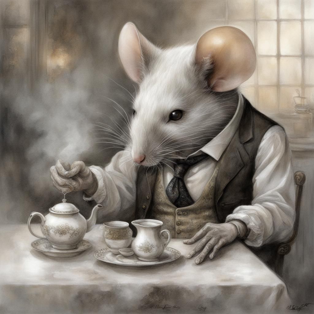 Mouse in vest and tie having tea   by @Baron Bruce