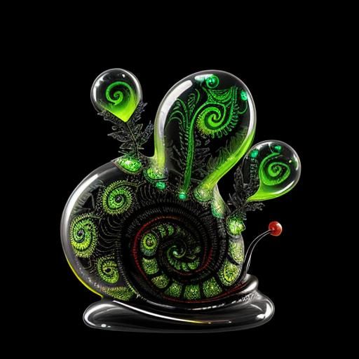 Transparent glass snail-shell filled with bioluminescent fractal plants ...