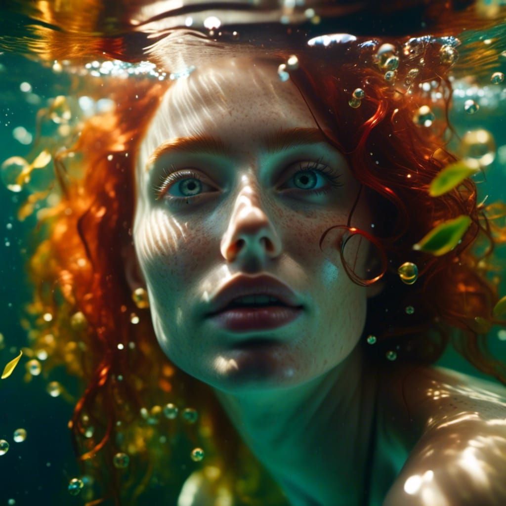 <lora:Surface Reflections:1.0> Hyperrealistic 8k professional underwater portrait, bright colours, sunlight, natural looking fresh faced wom...