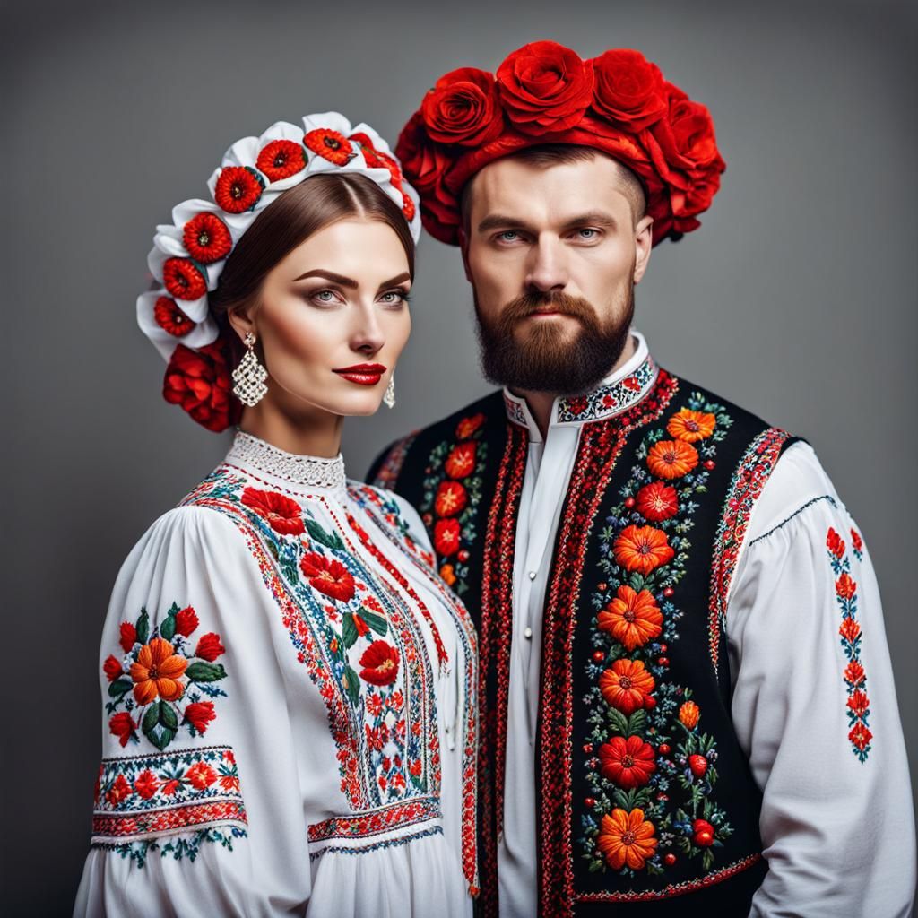 Ukrainian couple dressed with embrodery style clothes