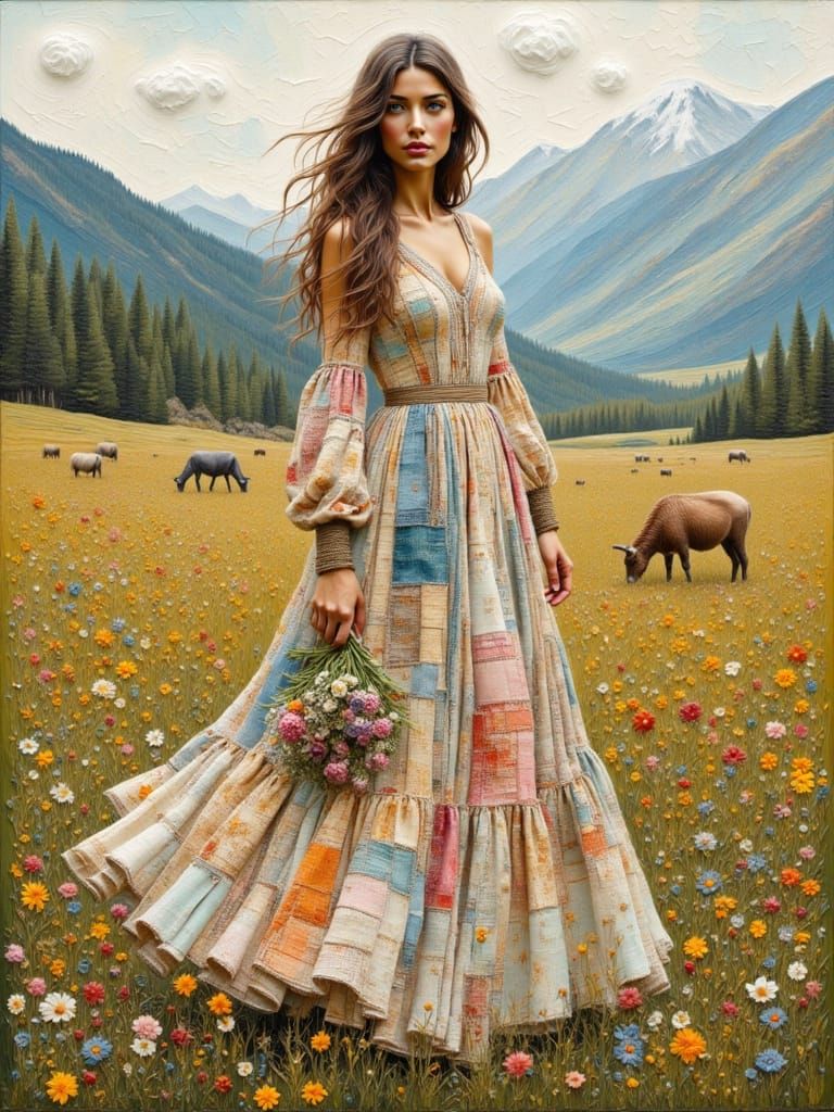 Woman in Pastel Floral Dress in Tranquil Landscape