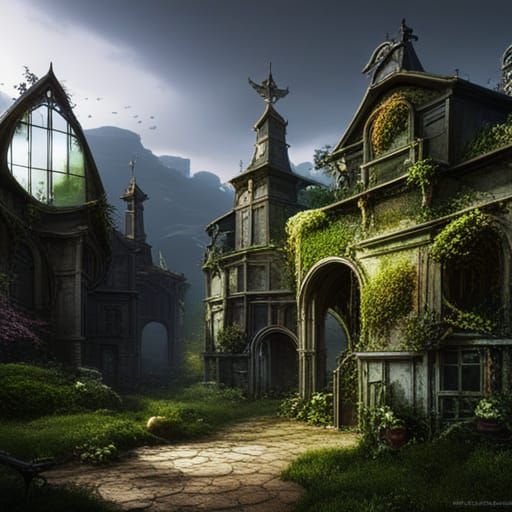 Overgrown city covered in vines and moss