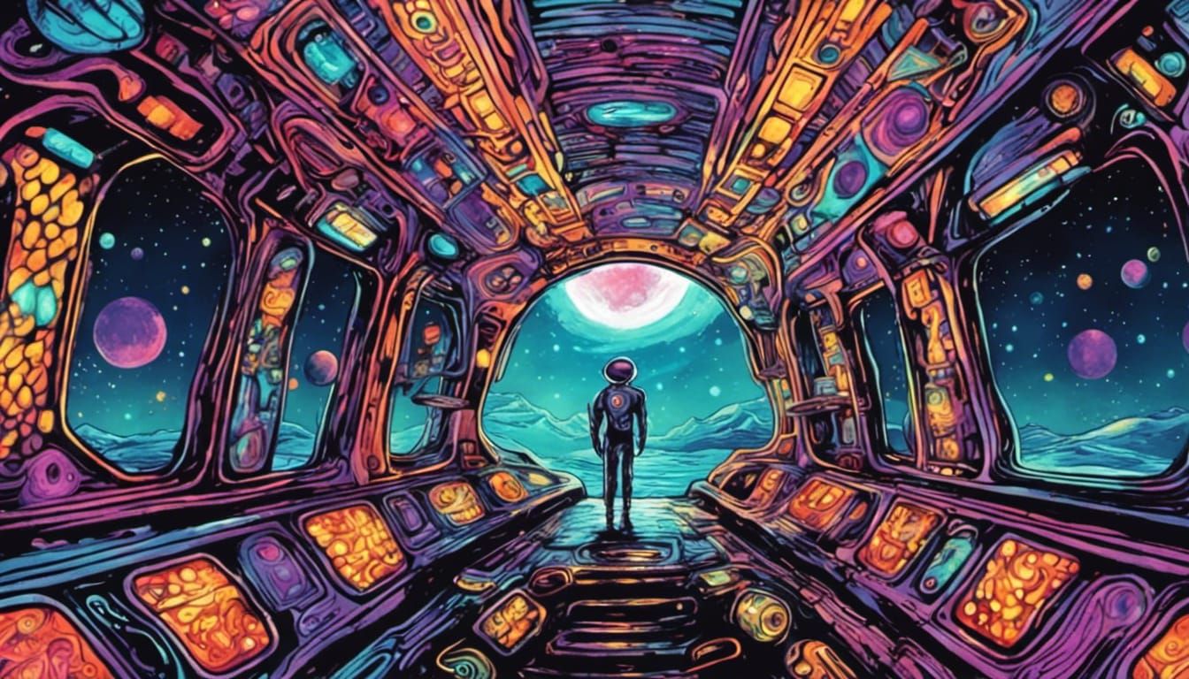 a psychedelic alien inside a psychedelic spaceship traveling through psychedelic space, science fiction fantasy fable, h...