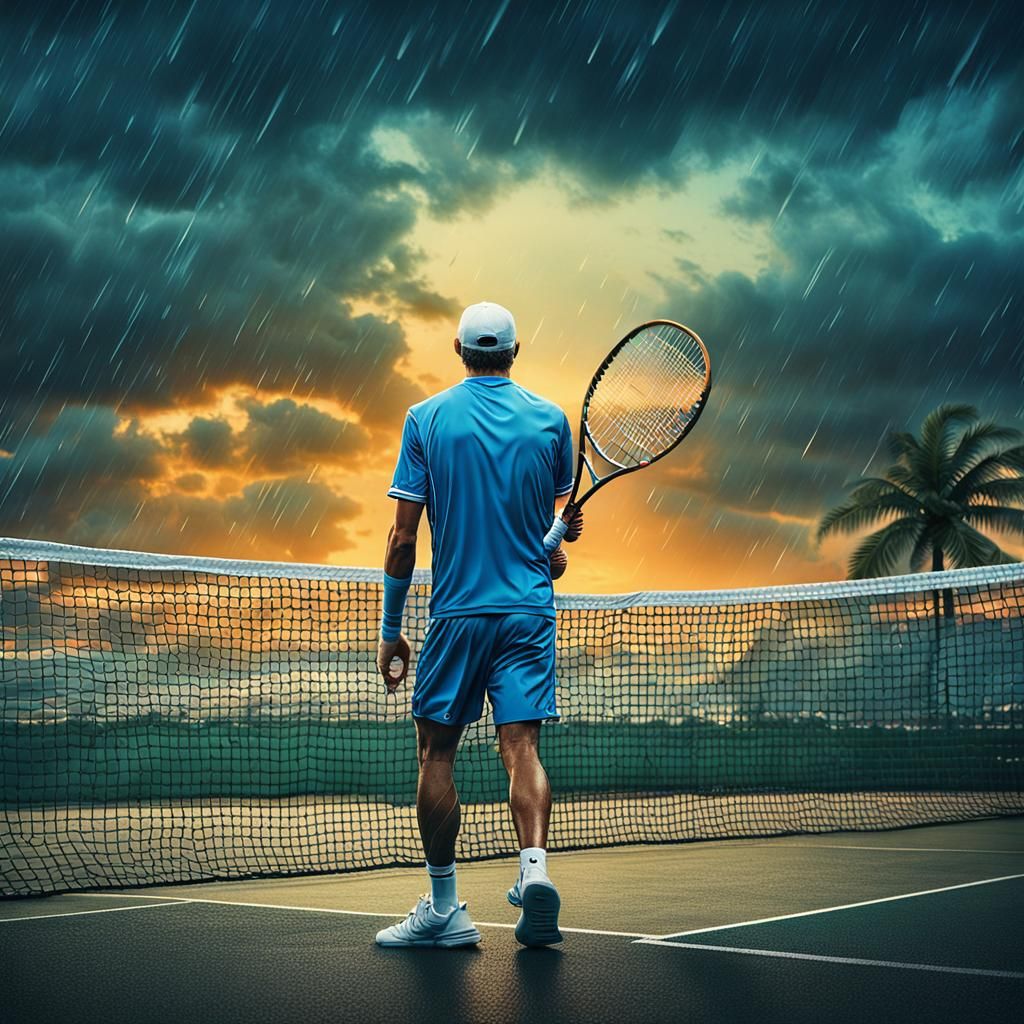 tennis player,rainy day,Sunset Bay,A blue day,Epic cinematic...