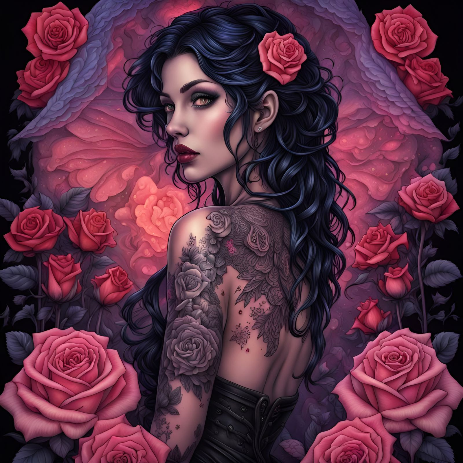Dark fairy with a beautiful elaborate rose tattoo covering h...
