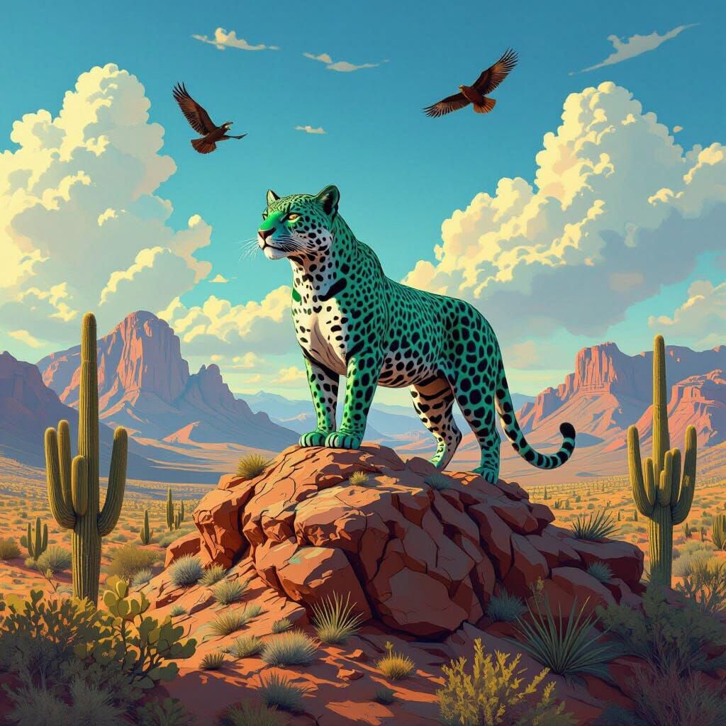 Atop a mesa in the Arizona desert, with saguaro cactus  and mountain sin the background, a large malachite jaguar at noon, with hawks in the...