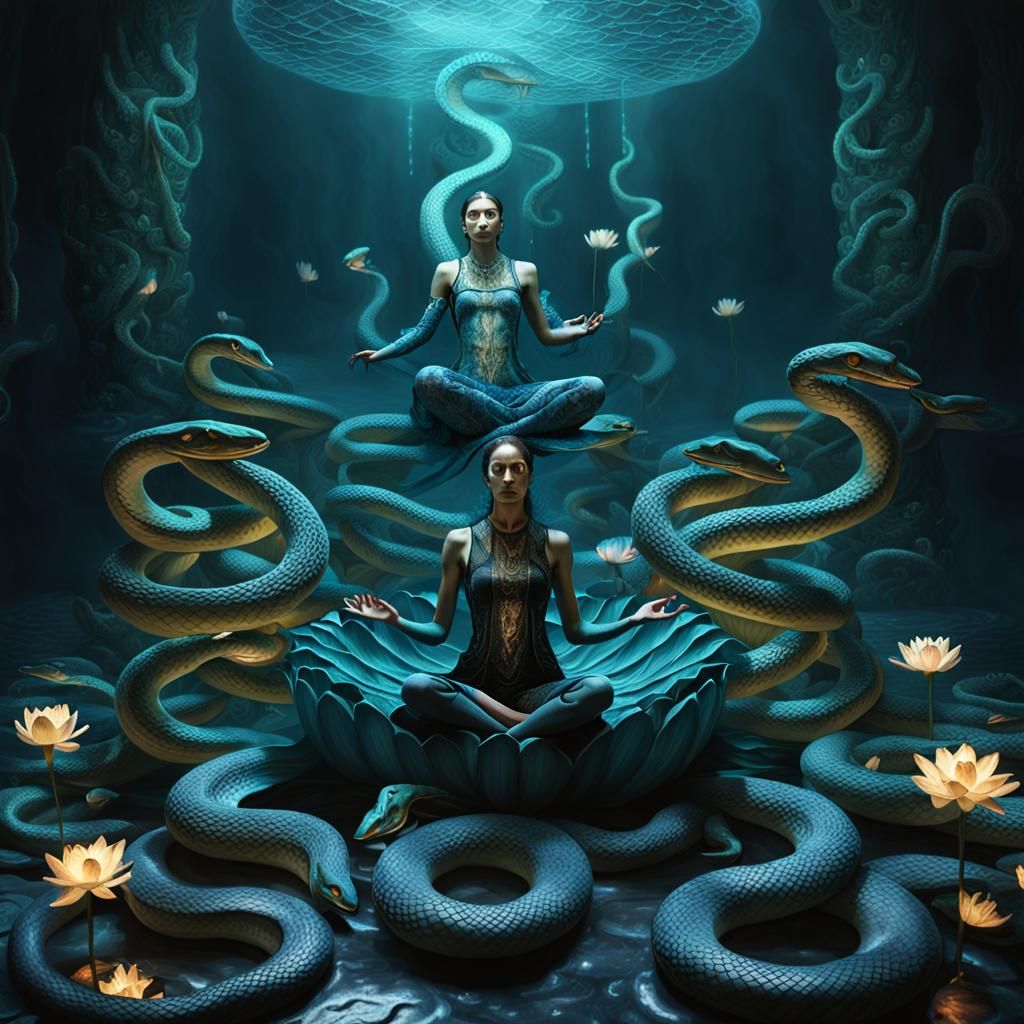 Half-Snake Woman in Lotus with Magical Aura