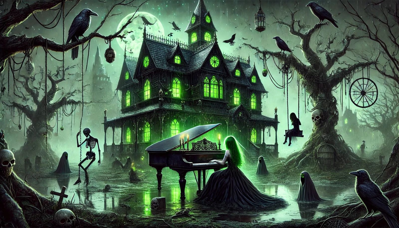 A gothic witch playing a grand piano in front of her dark, ornate manor. The scene is illuminated by a pale moonlight, w...