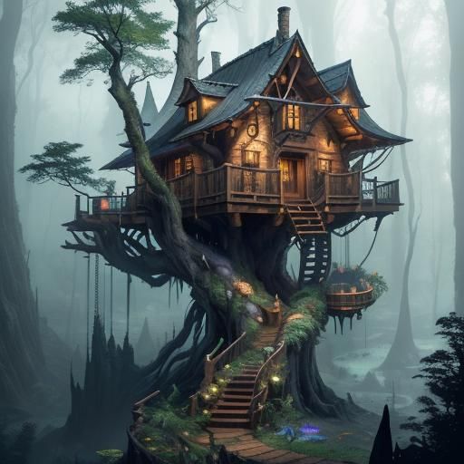 A treehouse on the edge of a dark wood detailed matte painti...