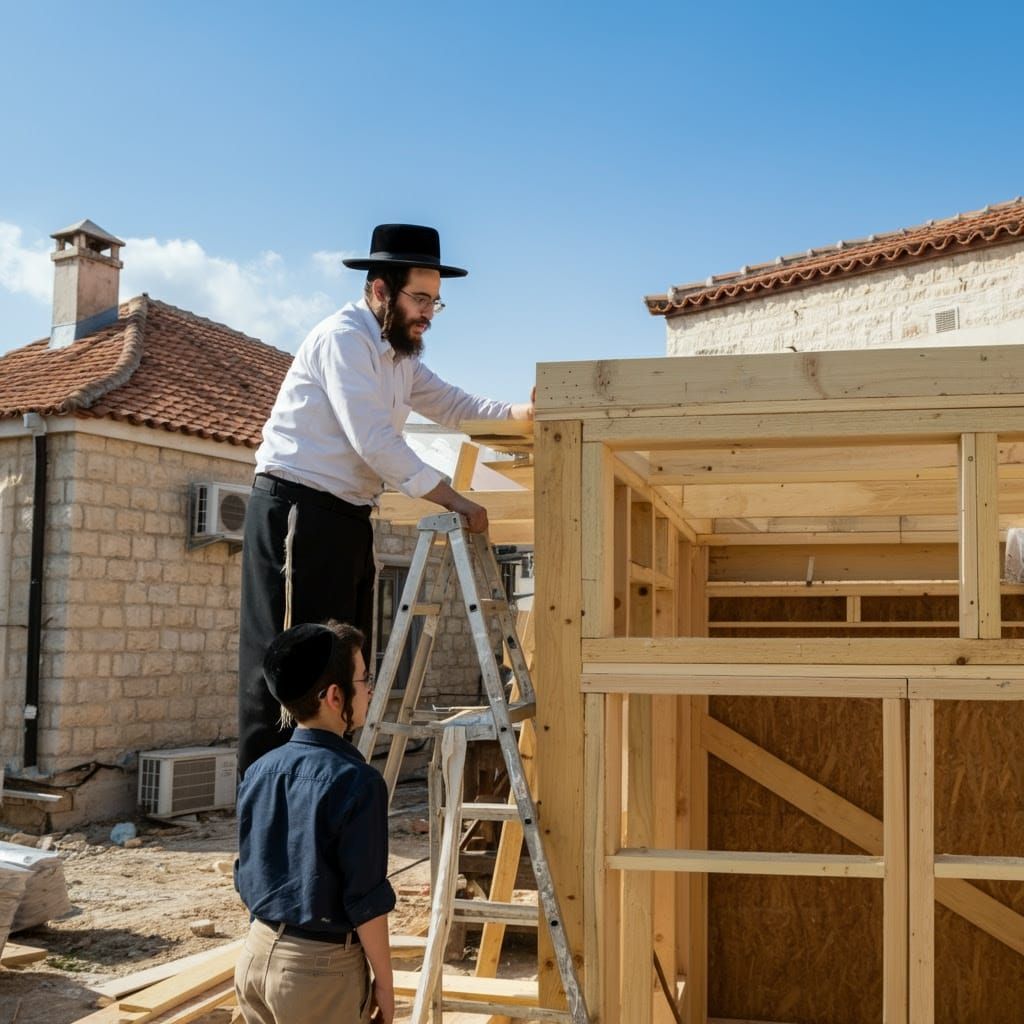 Orthodox Jewish Men in Traditional Attire Build a Sukkah