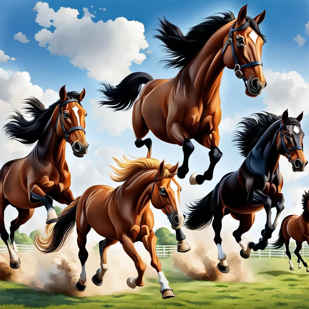 cartoon horse with other horses, jumping and running - AI Generated ...