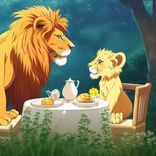 A cute lion cub sitting down sitting down with his dad to an afternoon tea. undefined