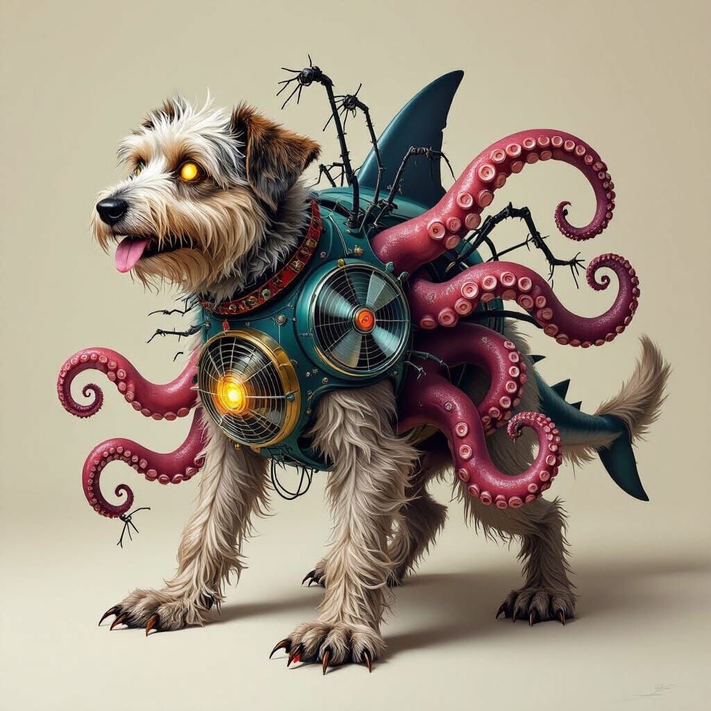 Bizarre Dog-Octopus Hybrid Creature with Fan and Spider Legs