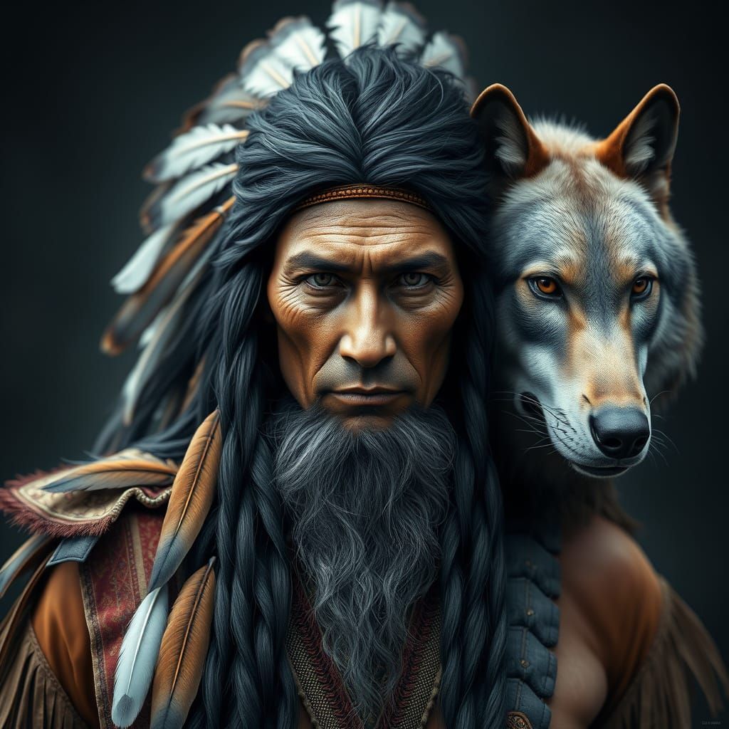 A striking image of an Indian man with feathers in his hair, a long grey beard, alongside a grey wolf, split into two halves to form a singu...