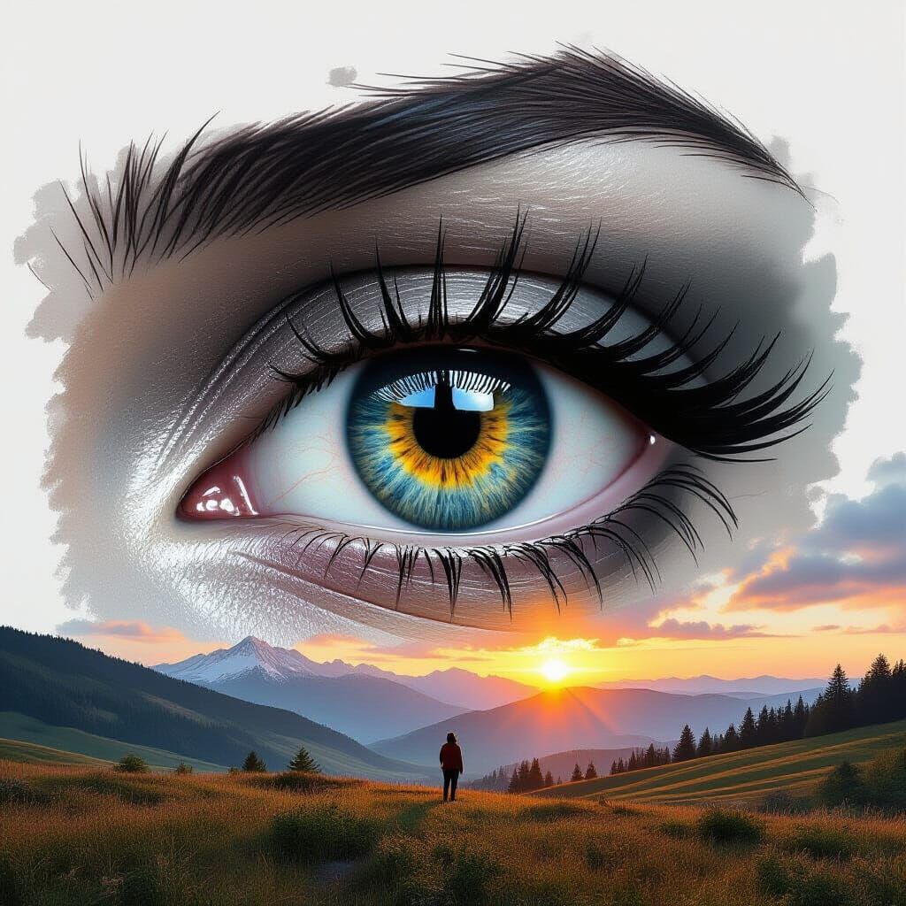 Eye with Double Exposure Landscape Inspired by Digital Art