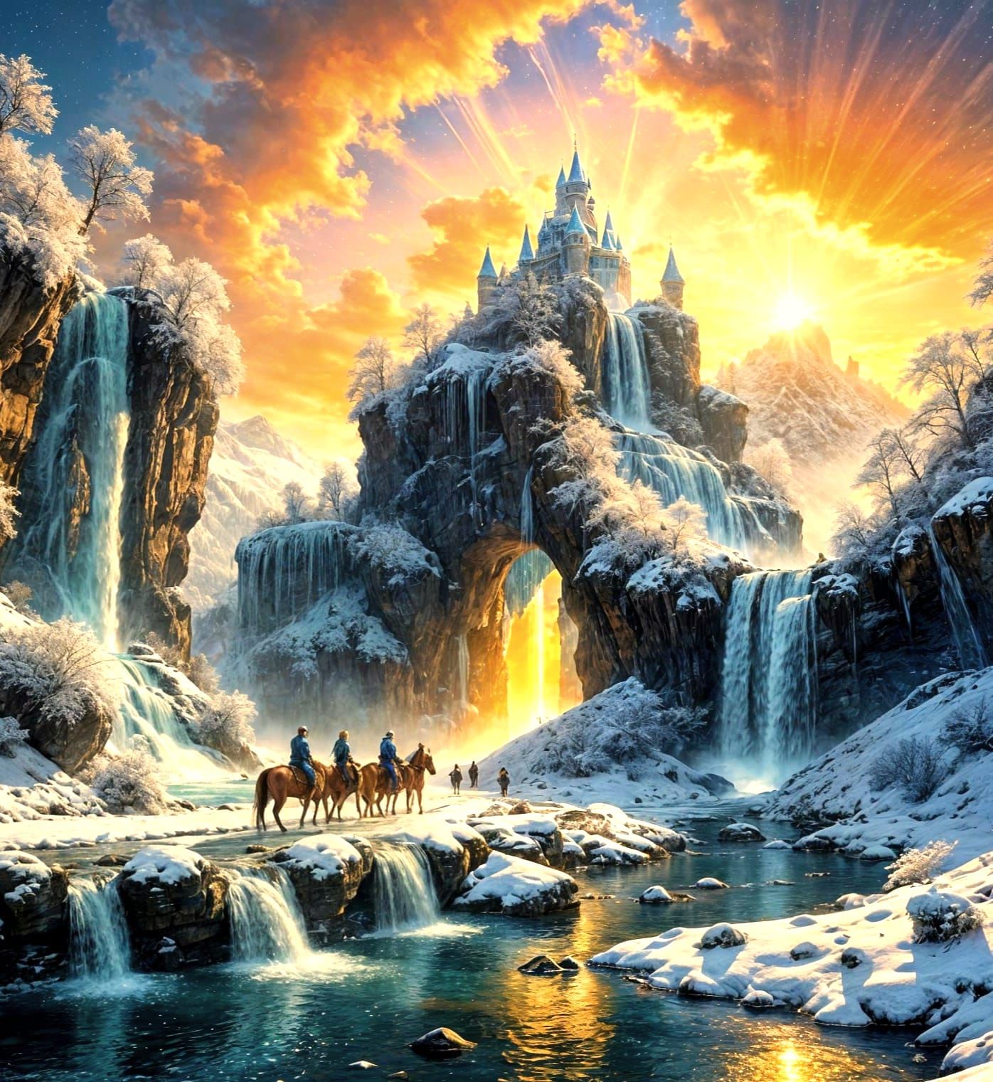 Winter path to Castle gateway: Waterfall river at dusk, retinue of Knights riding on Horseback.  by @Kitcalyx