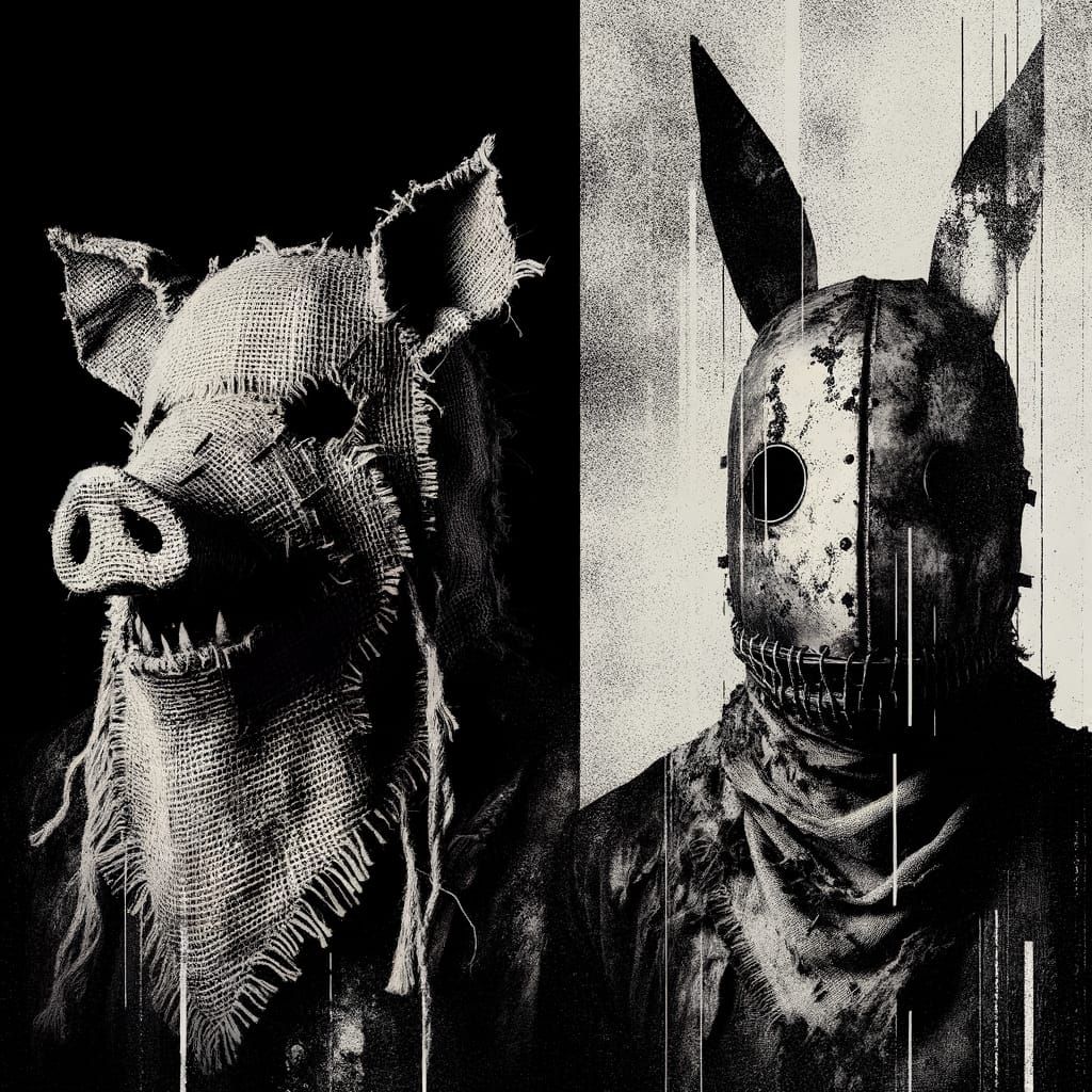 A brutal black-and-white industrial-style band logo for the noise band “HAIZEN.” Two figures stand in stark, high-contrast lighting. The fir...