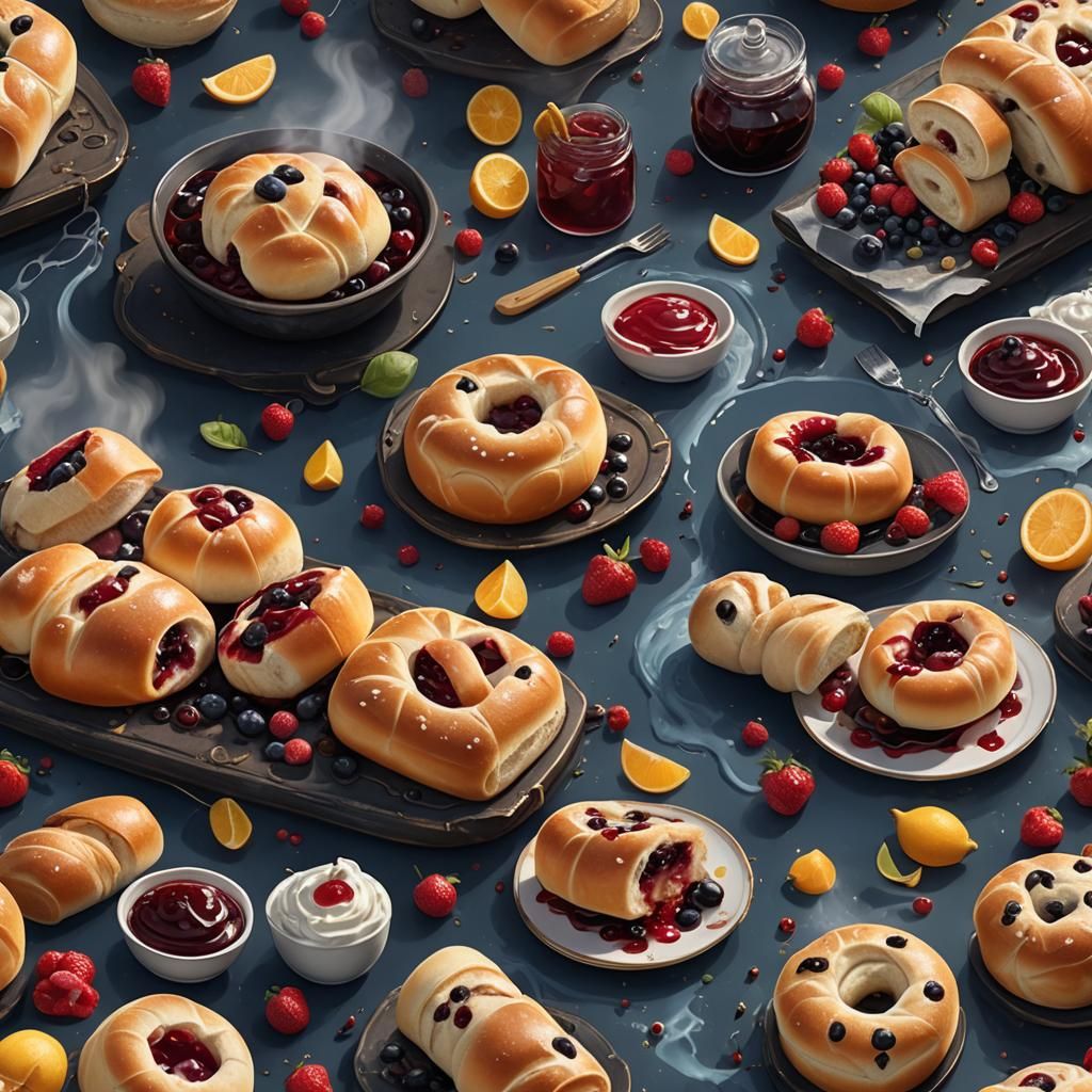 Freshly baked rolls, with steaming streams of steam, with ja...
