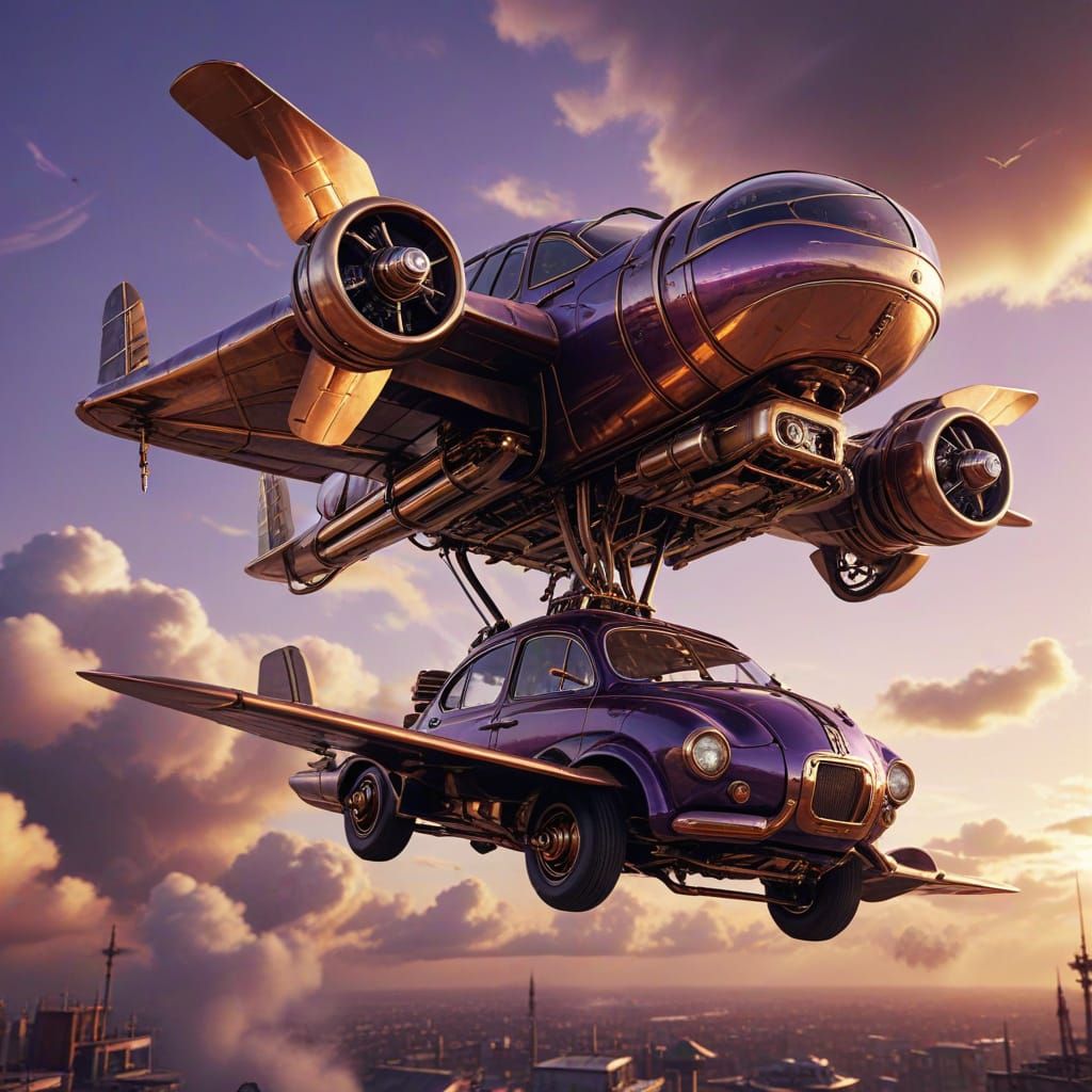 Dieselpunk violet flying car