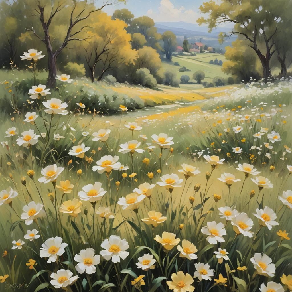 Impressionist Flowers in a Creamy Pastoral Landscape