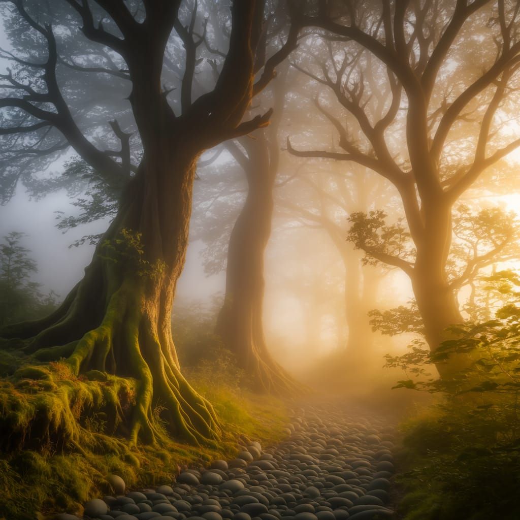 Misty foggy fantastical ethereal forest, soft light, dawn, 