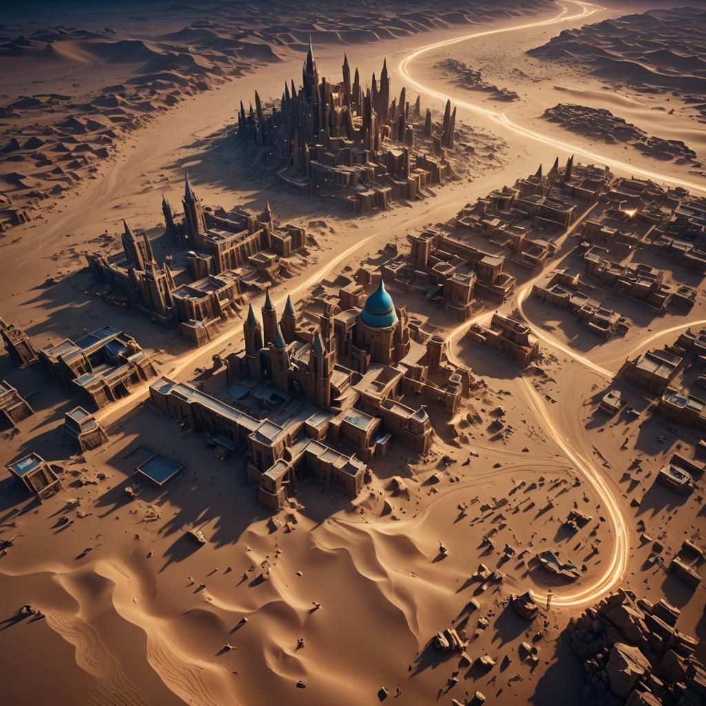 Sand neutrall city on desert at night