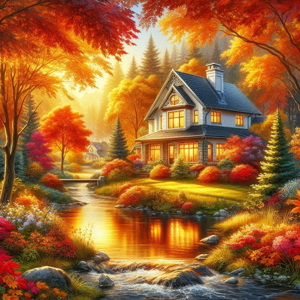 Autumn Harmony: A Sunlit Stream and Cozy Home  by @Nyein Crystal