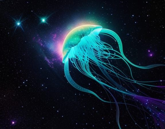 Bioluminescent Jellyfish in Cosmic Nebula - Concept Art
